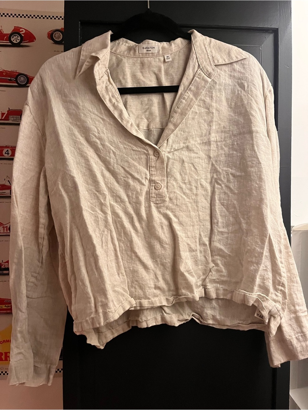 Babaton Cream Linen Button Placket Long-Sleeve Top